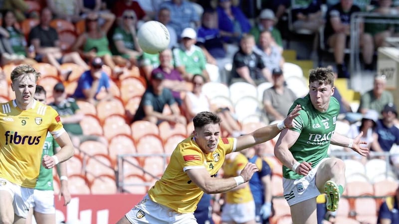 Eoghan McCabe in action during Antrim&#39;s Tailteann Cup victory over Fermanagh on Sunday. Picture by Philip Walsh 