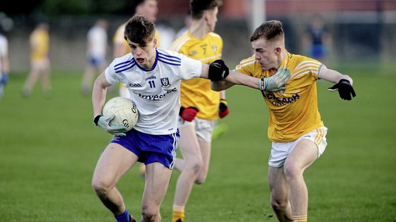 Antrim&#39;s Ruairi Hagan comes up against Monaghan&#39;s Karl Gallagher during last weekend&#39;s Ulster MFC clash at at Corrigan Park. Picture by Seamus Loughran 