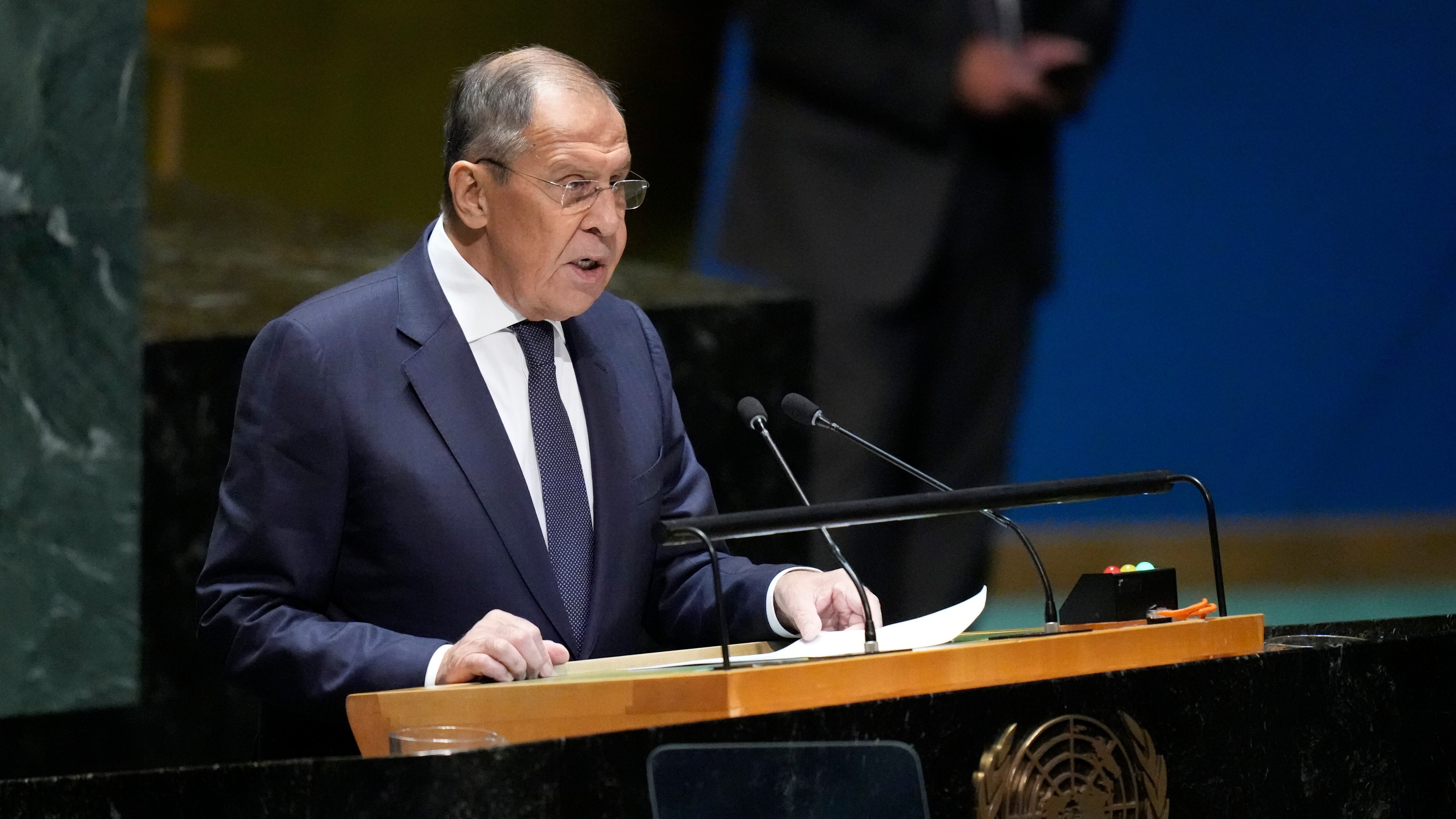 Russian Foreign Minister Sergey Lavrov addresses the 78th session of the United Nations General Assembly (AP Photo/Mary Altaffer)