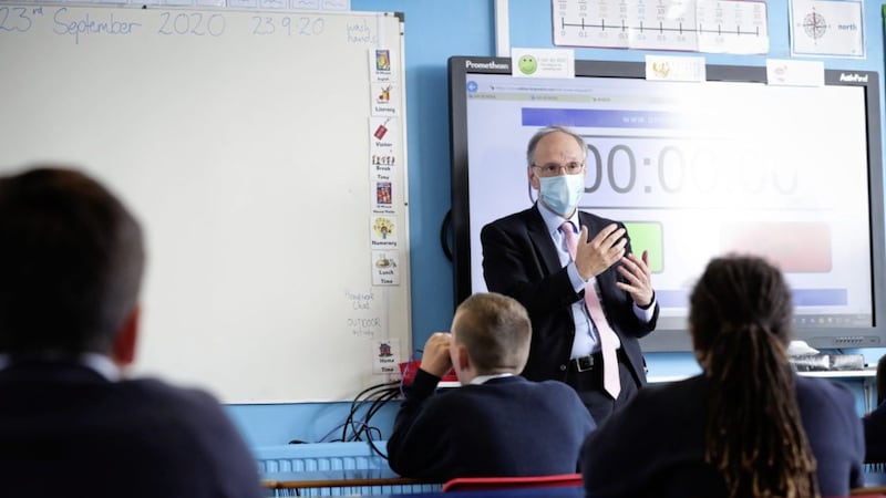 Education minister Peter Weir pictured during a visit to Dungannon PS 