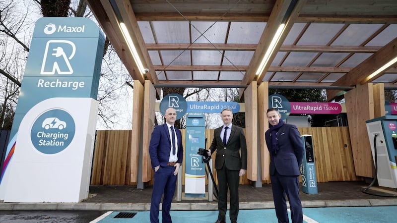 Maxol has opened Northern Ireland&#39;s first dedicated ultra-rapid EV charging hub at Kinnegar service station. Pictured (from left) are Maxol Group&#39;s Ciaran McNally (chief retail officer), Kevin Paterson (retail manager NI) and Brian Donaldson (chief executive). Picture: Matt Mackey/PressEye 