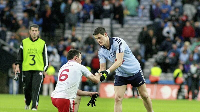 Conor Gormley and Diarmuid Connolly shake hands after Tyrone and Dublin clash at Croke Park. Pic Seamus Loughran 