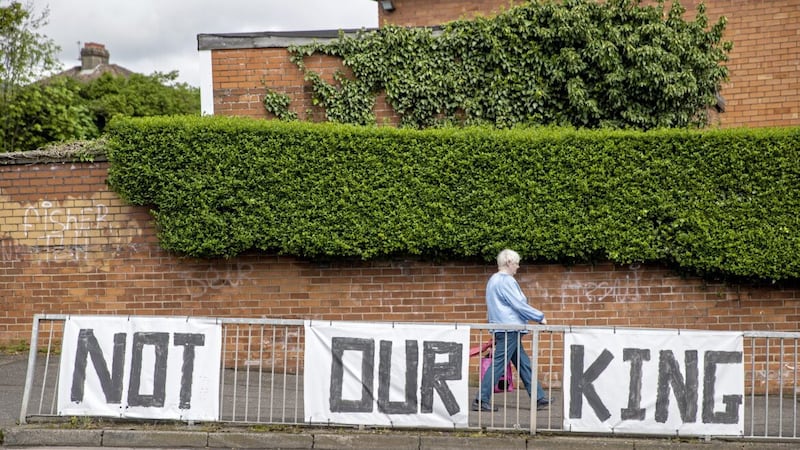 Anti-monarchy signs on the railings of the Monagh by-pass roundabout in Andersonstown, west Belfast, align with Jake&#39;s way of thinking. Picture by Liam McBurney/PA Wire 