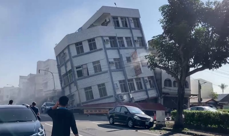 Video footage fromTVBS shows a partially collapsed building in Hualien, eastern Taiwan (TVBS/AP)