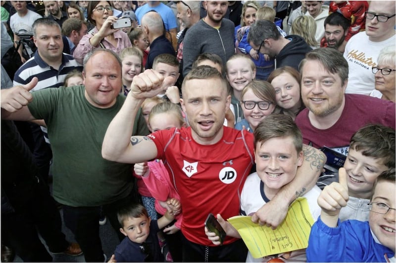 Carl Frampton meets his fans at Victoria Square in Belfast for his live workout ahead of his big fight on Saturday Picture by Hugh Russell. 