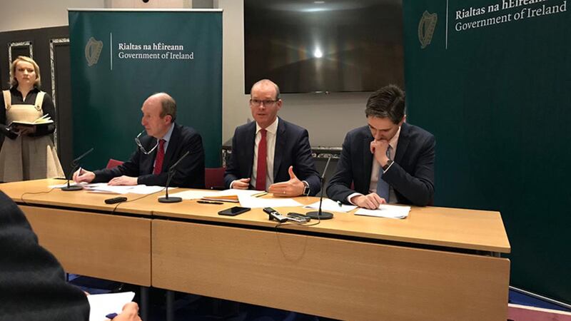 Transport Minister Shane Ross, Foreign Affairs Minister Simon Coveney and Health Minister Simon Harris brief the media in Dublin, on the government's contingency plans for a no-deal Brexit&nbsp;
