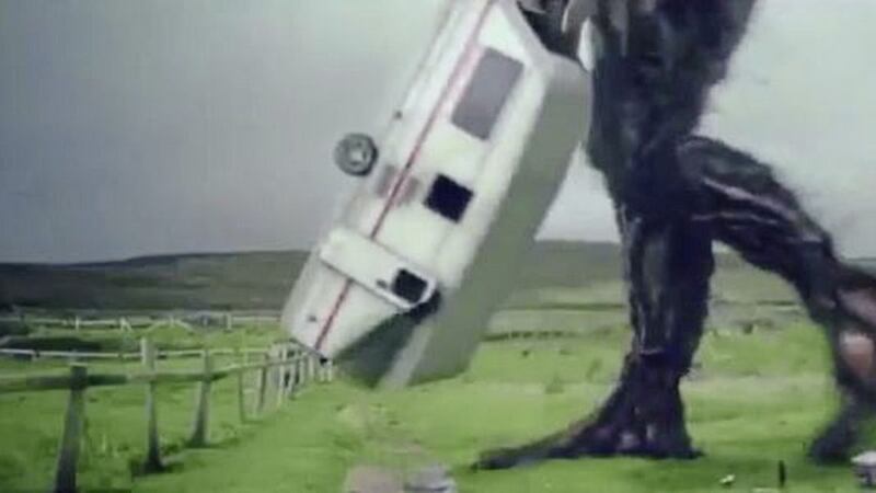 The TG4 clip showed a giant holding a caravan before a news bulletin about a woman's death when a caravan blew off a cliff during Storm Ali
