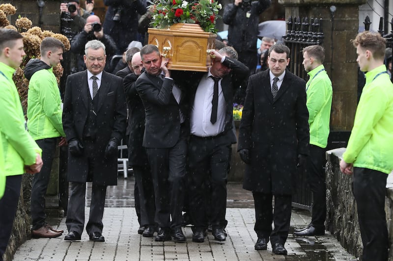 The coffin of former Manchester United and Northern Ireland goalkeeper Harry Gregg arriving at St Patrick's Parsh Church, Coleraine, for his funeral. Picture by Brian Lawless/PA Wire&nbsp;