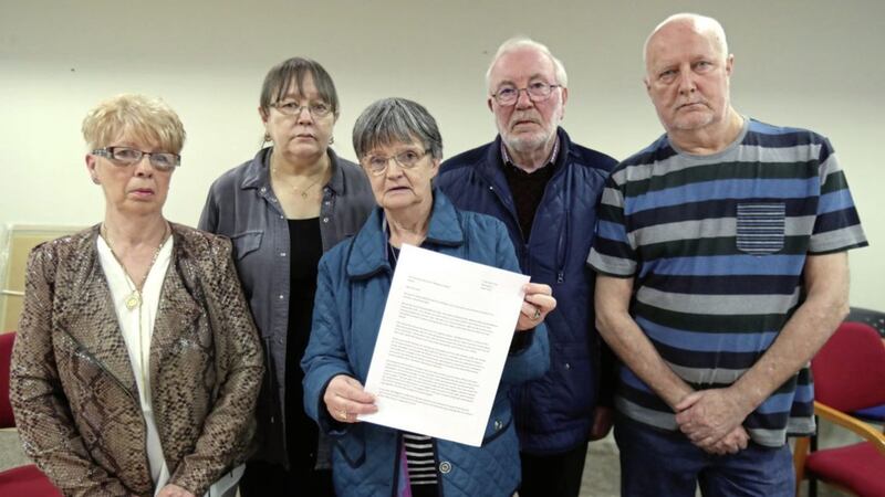 From left, Priscilla Clarke, Pat Irvine, Margaret McCready, Tommy McCready and Sam Irvine, at Solicitor Kevin Winters offices in Belfast. They all lost relatives in the 1971 bombing of McGurk&#39;s bar in north Belfast and have called for a fresh inquest into their deaths PICTURE: Niall Carson/PA 