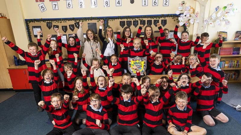 Students from Greasley Beauvale Primary School in Eastwood celebrate after being named the nation’s funniest class by Beano (PA Wire)