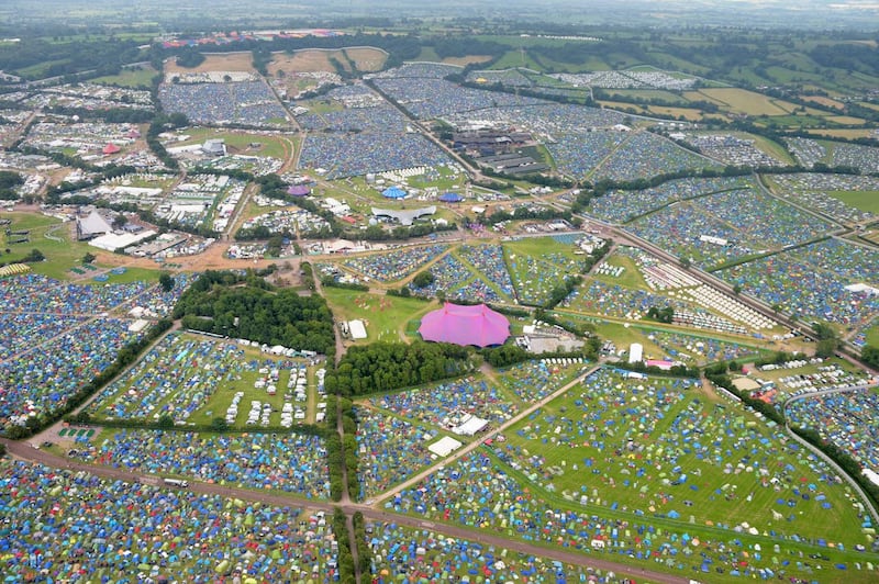 An aerial view of the Glastonbury Festival site in 2017