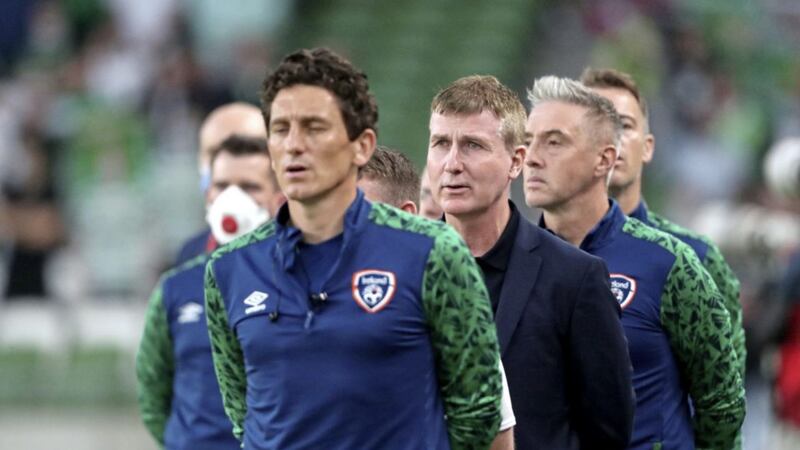 Republic of Ireland&#39;s manager Stephen Kenny stands for the national anthem last night as he watched his side snatch a draw against Serbia 