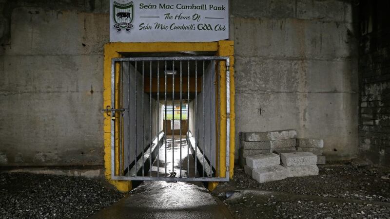 The tunnel that takes players out onto the pitch in lock-down. Saturday night at the Sean MacCumhaill Park in Ballybofey where Donegal had been due to play Tyrone in their National Football League clash. All matches have been called off by the GAA due to Coronavirus. Picture by Margaret McLaughlin 