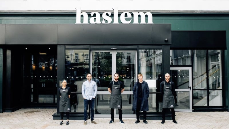 Launching the new Haslem Hotel are Beannchor group finance director James Sinton (second left) and director Conall Wolsey (second right) with team members Kerry Rooney, Phil Pettitt and Josh Fraser, 