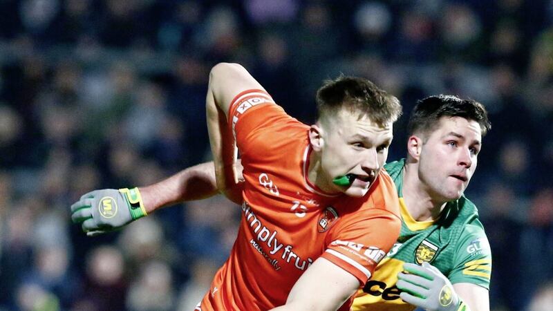 Armagh&#39;s Rian O&#39;Neill and Donegal&#39;s Brendan McCole during Saturday&#39;s Allianz NFL Division One game on Saturday night Picture: Philip Walsh 