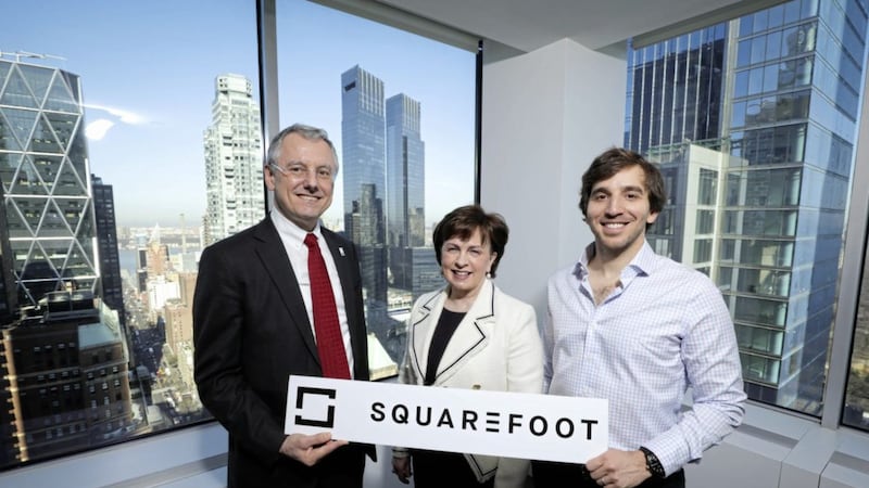 Economy Minister Diane Dodds pictured in New York with Invest NI chief executive Kevin Holland (left) and SquareFoot chief executive Jonathan Wasserstrum. Photo: Kelvin Boyes/Press Eye 