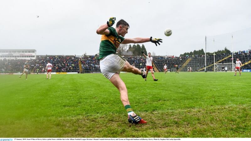 Kerry's Sean O'Shea kicks a point from the sideline late on in the Allianz Football League game against Tyrone in Killarney. Picture by Stephen McCarthy (Sportsfile)
