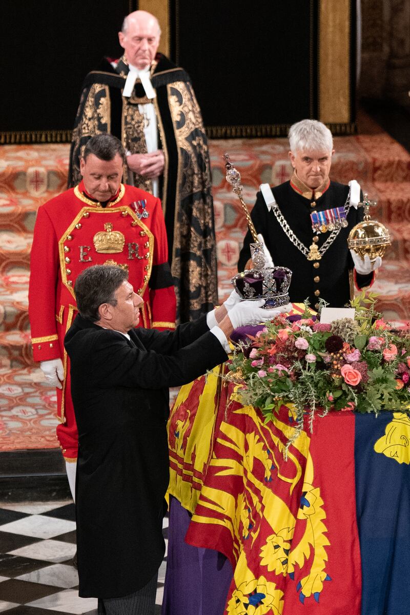 The Imperial State Crown is removed from the coffin of Queen Elizabeth II during the Committal Service at St George’s Chapel, Windsor Castle