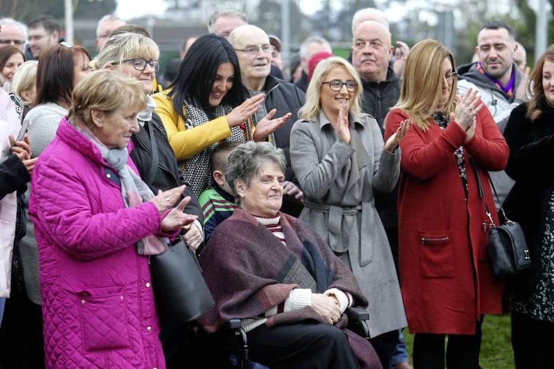 Clara Reilly watches on during the naming ceremony at the site of the former Andersonstown police barracks. Picture by Mal McCann 