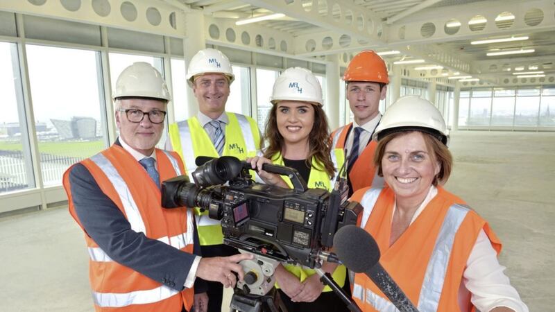 Announcing the UTV and McLaughlin &amp; Harvey are (from left) Alan Mackey, operations manager UTV; Ivan Hutchinson, contract manager McLaughlin &amp; Harvey; Rhianna Jordan, site manager McLaughlin &amp; Harvey; Tim Boyle, property executive Belfast Harbour Commissioners; and Jacqui Bradley, head of support services ITV News and Regions 