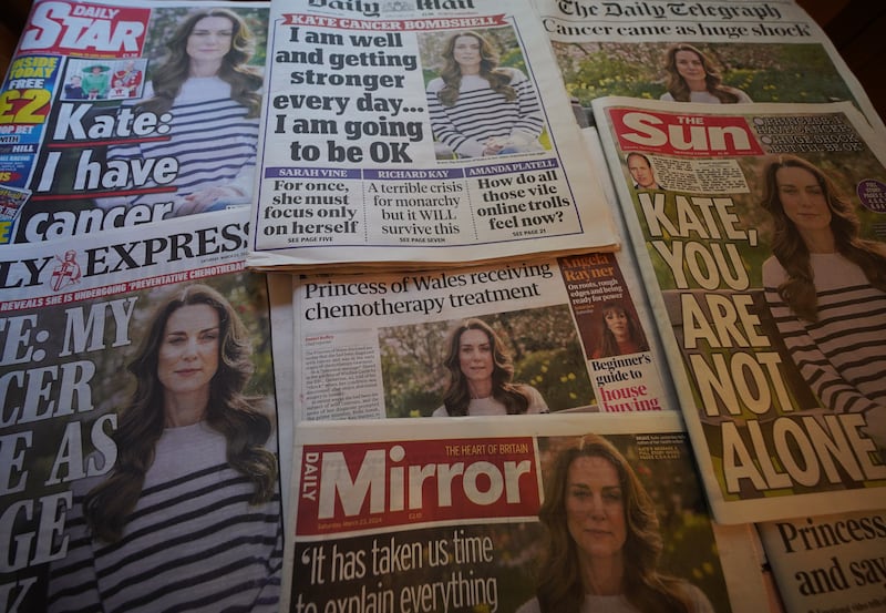 The front pages of national newspapers on display in London, showing the news of the Princess of Wales’s cancer diagnosis