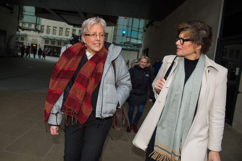 Journalists Carrie Gracie (left) leaves BBC Broadcasting House in London with Kate Silverton after she turned down a £45,000 rise (Dominic Lipinski/PA)