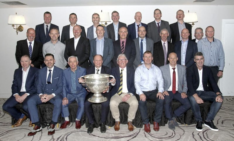 John Murphy (front row, centre) with Pete McGrath and players from Down&rsquo;s 1994 team in Newry last year 