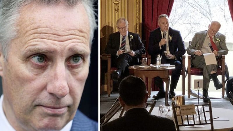 Ian Paisley, and right, the DUP MP speaking at the '20 Years of Peace' conference in New York&nbsp;