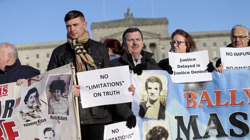 Families and friends of those killed at Ballymurphy, McGurk&#39;s Bar and Loughinisland take part in a rally outside Stormont against a statute of limitations for security force members. Picture by Mal McCann 
