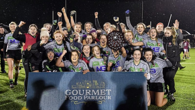 The Queen&#39;s University, Belfast team celebrate after winning the Gourmet Food Parlour HEC O&#39;Connor Shield final against NUI Galway at the GAA National Games Development Centre in Abbotstown, Dublin. Photo by Brendan Moran/Sportsfile  