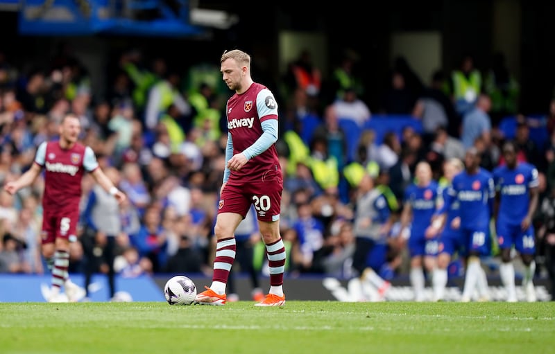 Jarrod Bowen shows his dejection on a frustrating day for West Ham at Stamford Bridge
