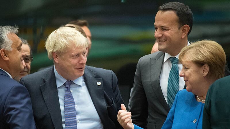 British prime minister Boris Johnson (centre left) with Taoiseach Leo Varadkar (2nd right) and Chancellor of Germany Angela Merkel at a round table for the European Council summit at EU headquarters in Brussels&nbsp;