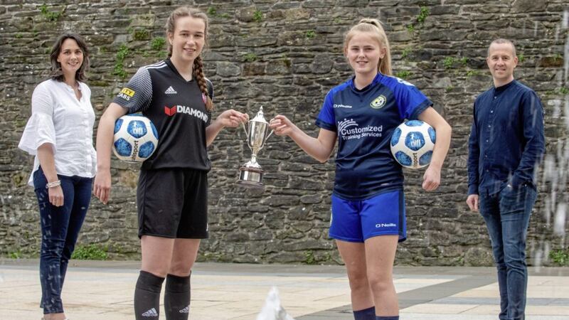 Katelyn Doherty of Derry City Ladies U-19 (left) and Cora Chambers, Sion Swifts Ladies U-19 (right) will meet this Friday September 18 as the Electric Ireland Women&rsquo;s Academy League gets under way at Melvin Sports Complex Northern Ireland&rsquo;s best young teams will compete in the League which was formed by the NI Football League in 2019 to provide a pathway for the best Under 19 players to progress into the top division of women&rsquo;s football in Northern Ireland. The players are pictured with Anne Smyth, (Northern Ireland Sponsorship Lead, Electric Ireland) and Steven Mills, Development Manager, Northern Ireland Football League. 