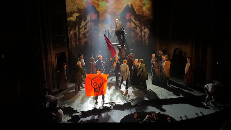 A performance of Les Miserables at the Sondheim Theatre was stopped when activists stormed the stage on October 5 last year, the hearing was told
