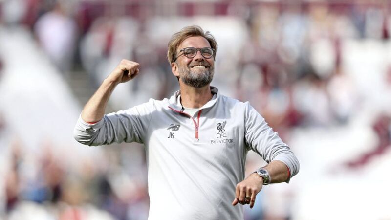Liverpool manager Jurgen Klopp celebrates after his side&#39;s 4- victory over West Ham at the London Stadium yesterday Picture: PA 