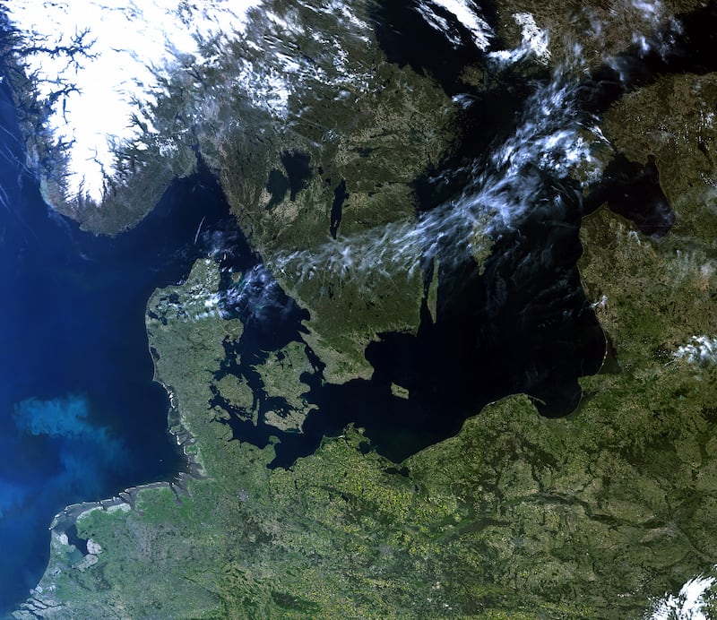 rare cloud-free view of Northern Europe