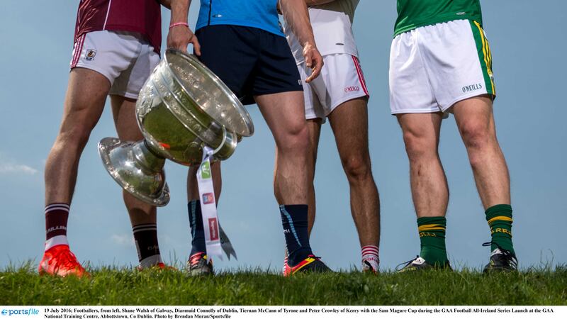 (l-r) Galway's Shane Walsh, Diarmuid Connolly of Dublin, Tiernan McCann from Tyrone and Kerry's Peter Crowley with the Sam Magure during Tuesday's All-Ireland SFC series launch at the GAA's National Training Centre in Abbottstown, county Dublin <br />Picture by Sportsfile