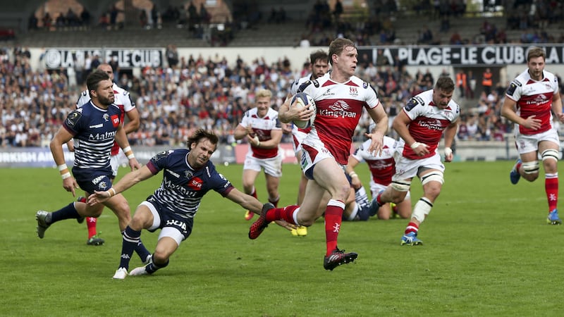 Andrew Trimble races clear to score a try in the European Rugby Champions Cup clash against Union Bordeaux Begles at Stade Chaban Delmas on Sunday<br />Photo by John Dickson