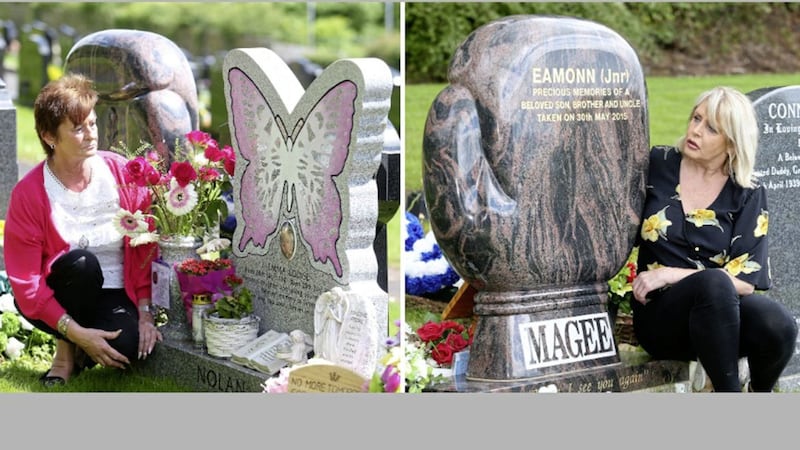 Loretta Nolan beside her daughter Emma&#39;s grave, and right, Mary Magee beside her son Eamonn&#39;s headstone, both in Hannahstown Cemetery. Pictures by Mal McCann 