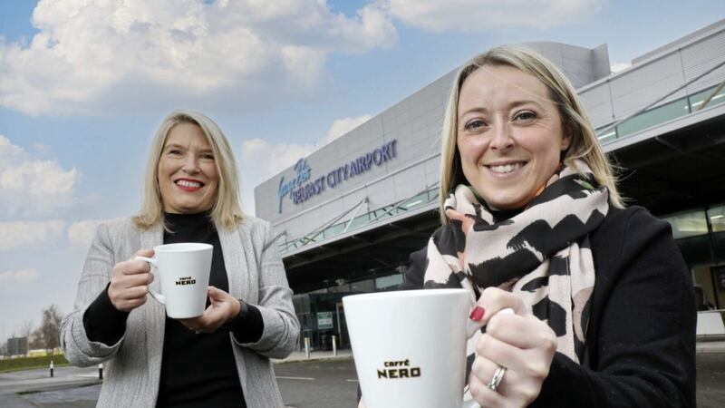 Belfast City Airport operations manager Judith Davis and Fiona McVeigh, area manager at Caffe Nero. Picture: Darren Kidd/PressEye 