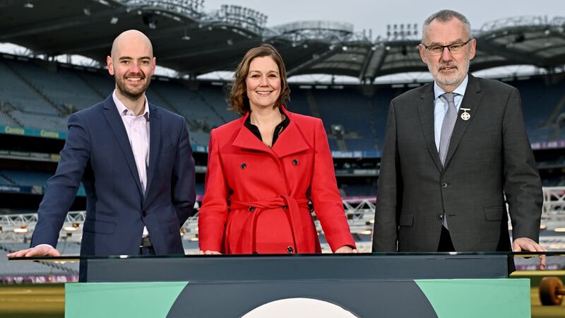 At the 2024 GAAGO match schedule launch at Croke Park in Dublin are, from left, Head of GAAGo Noel Quinn, GAAGo Host Gráinne McElwain and GAA President Larry McCarthy. 