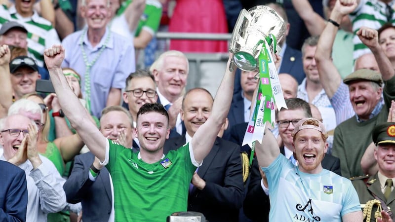 Limerick's Declan Hannon (left) and Cian Lynch lift the Liam MacCarthy Cup after Sunday's All-Ireland SHC final win over Kilkenny at Croke Park Picture: Philip Walsh..