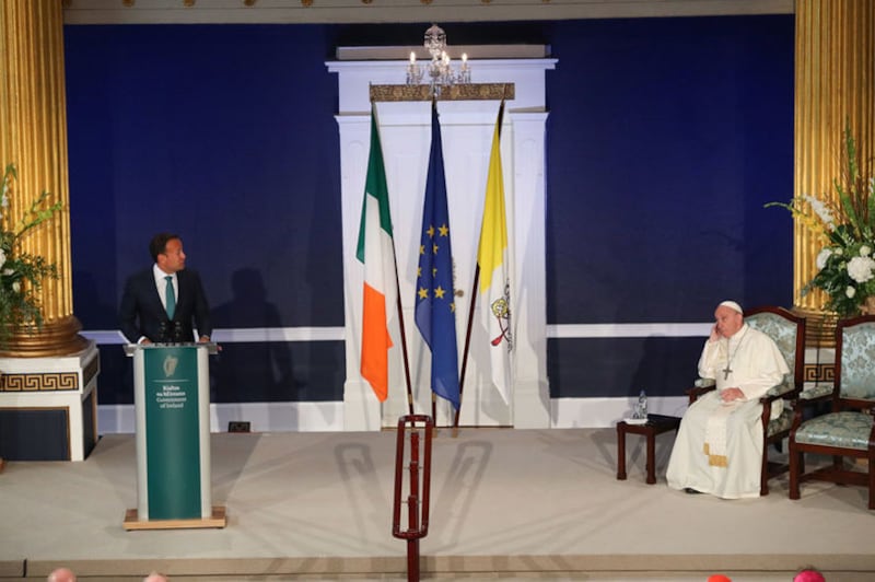 Pope Francis listening to Taoiseach Leo Varadkar's speech at Dublin Castle. Picture by Press Association