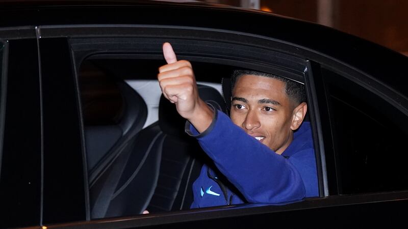 England’s Jude Bellingham leaves Birmingham Airport after the squad arrived home. (Jacob King/PA)