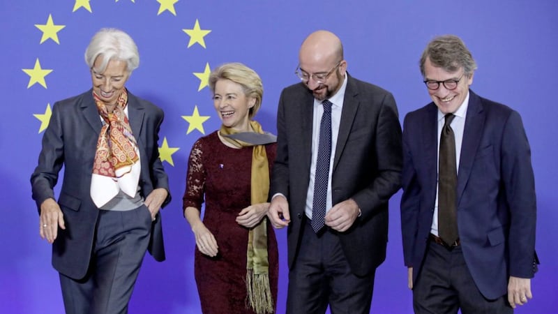 With their determined support for the EU, Irish nationalist political leaders appear to have given up on the idea of a free Ireland in favour of being part of an EU Empire, led by, pictured from left, European Central Bank president Christine Lagarde, European Commission president Ursula von der Leyen, European Council president Charles Michel and European Parliament president David Sassoli. They were marking the 10th anniversary of Lisbon Treaty last week. Picture by AP Photo/Olivier Matthys 