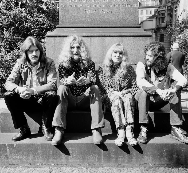 Members of Led Zeppelin John Bonham, Robert Plant and Jimmy Page, alongside singer-songwriter Sandy Denny following the Melody Maker Pop Poll in London in 1970