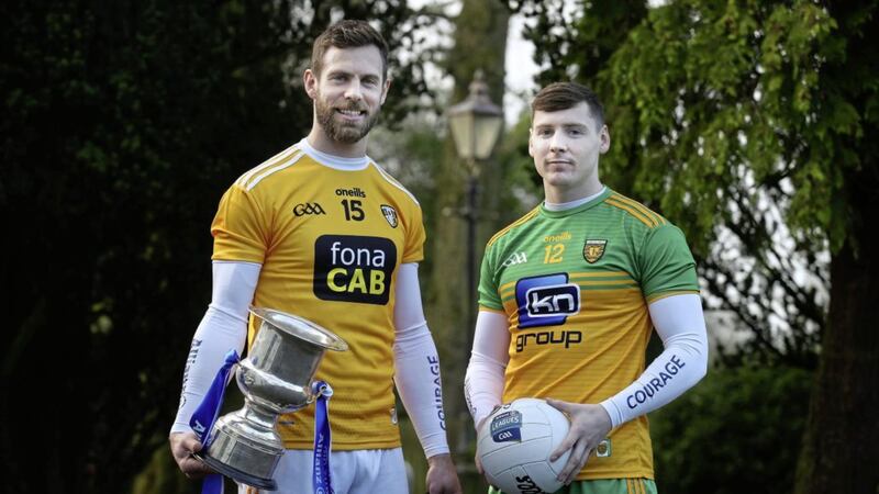 Donegal&#39;s Jamie Brennan along with Antrim hurler Neil McManus at Wednesday&#39;s launch of the Allianz National Leagues Picture by Hugh Russell 