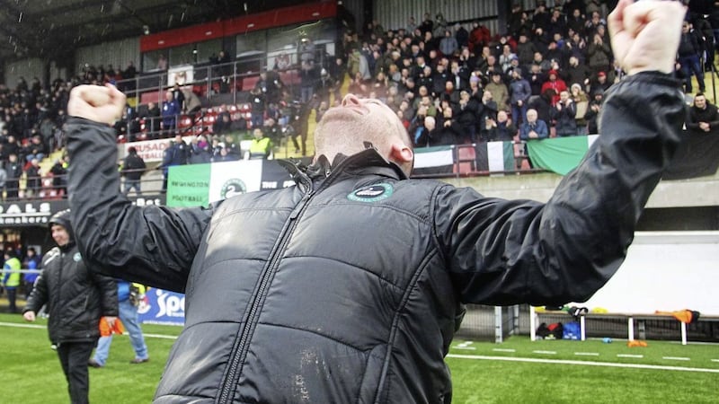 Newington manager Conor Crossan celebrates their first-ever Steel &amp; Sons Cup final victory over Linfield Swifts on Christmas morning - a moment captured by Aidan O&rsquo;Reilly