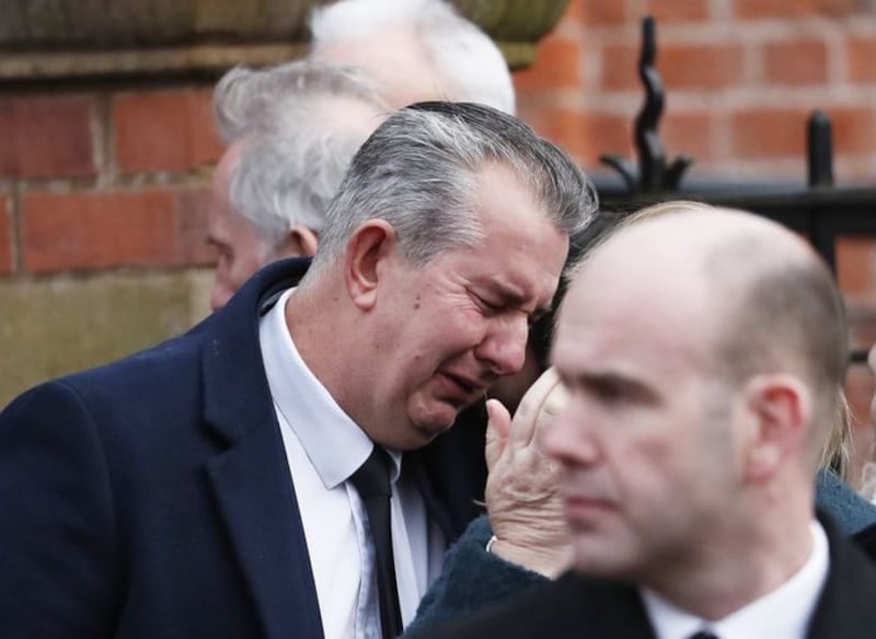 &nbsp;An emotional Edwin Poots leaves the funeral of Christopher Stalford DUP MLA at Presbyterian Church, Belfast. The 39-year-old father of four, who was principal deputy speaker of the Stormont Assembly, died suddenly on Ferbuary 19. Picture date: Saturday February 26, 2022.