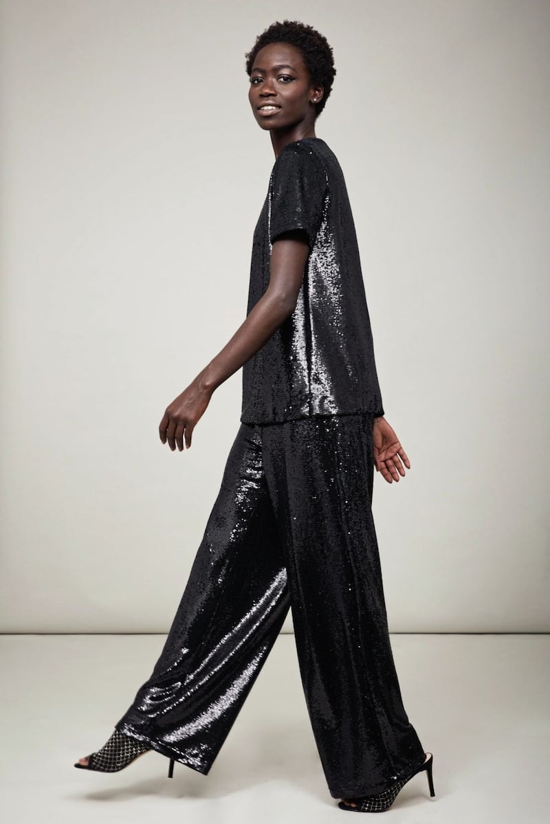 Hope Fashion The Sequin Top Black, &pound;110; The Sequin Trouser Black, &pound;135, available from Hope Fashion (shoes, stylist's own)